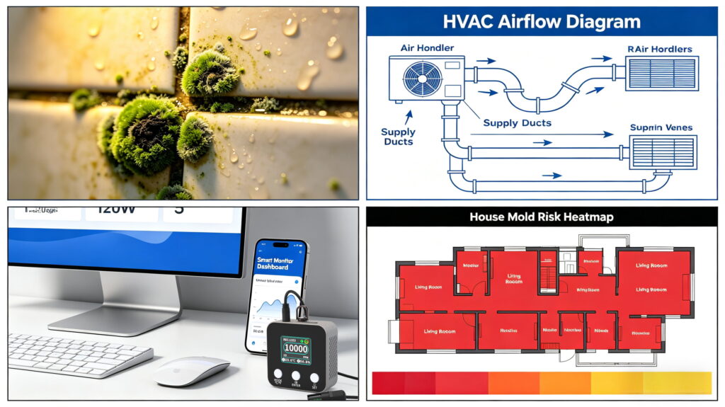 Image 1: Bathroom mold close-up Image 2: HVAC airflow diagram Image 3: Smart monitor + app dashboard Image 4: House mold risk heatmap