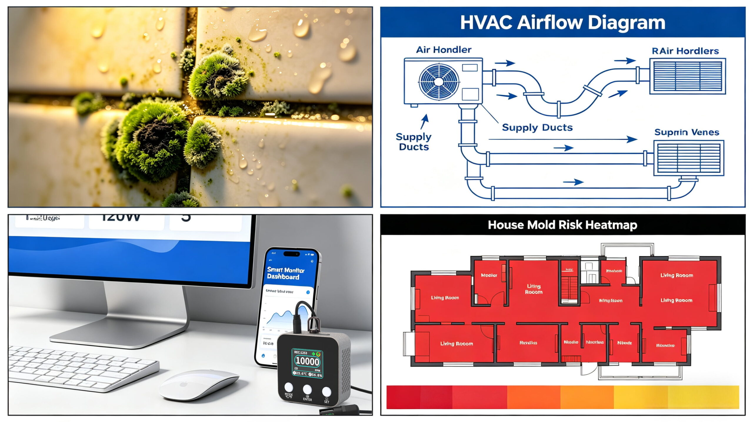 Image 1: Bathroom mold close-up Image 2: HVAC airflow diagram Image 3: Smart monitor + app dashboard Image 4: House mold risk heatmap
