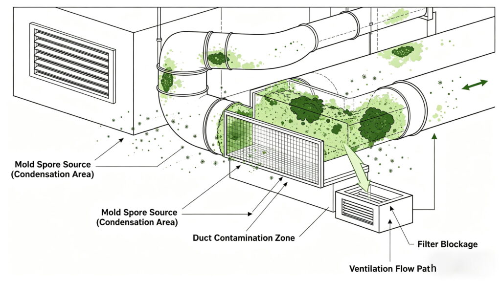 Airflow HVAC system mold spread illustration