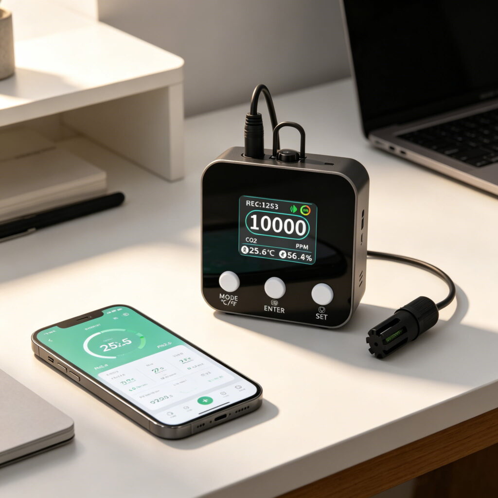 Smart air monitor app interface showing graphs